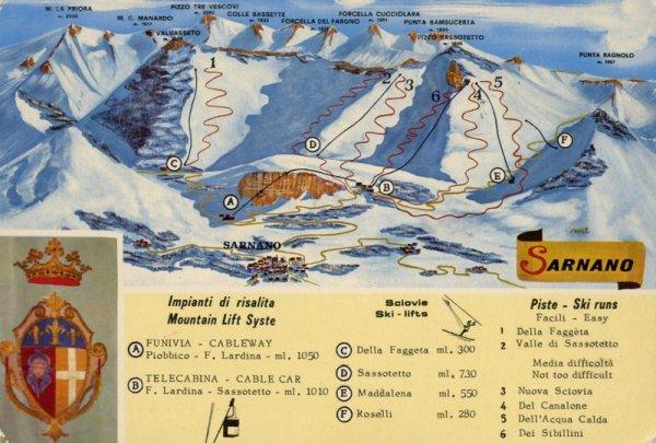 Sarnano (MC) / Cestovia Monte Sassotetto : Cartina del villaggio di Sarnano, della funivia (A) che raggiunge la cestovia (B) Fonte Lardina - Monte Sassotetto