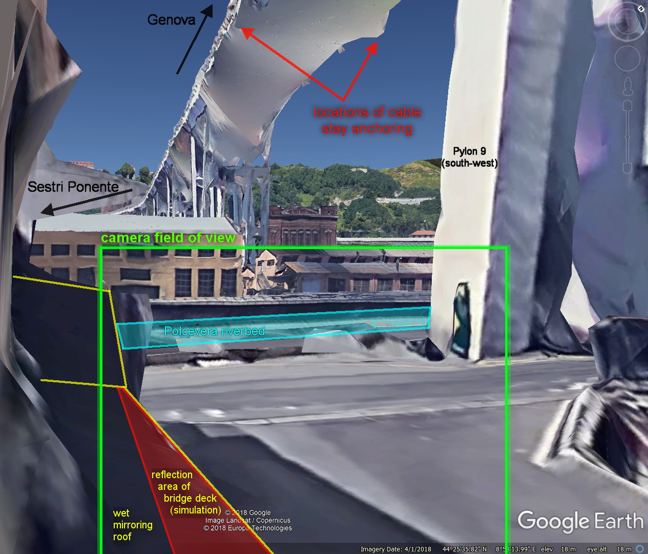 3D Camera field of view augmented by bridge configuration outside field of view and bridge deck reflection on wet roof (simulated) (399.93 KByte) Analysis of collapse dynamics: The Mirror Cinema : 3D Camera field of view augmented by bridge configuration outside field of view and bridge deck reflection on wet roof (simulated)