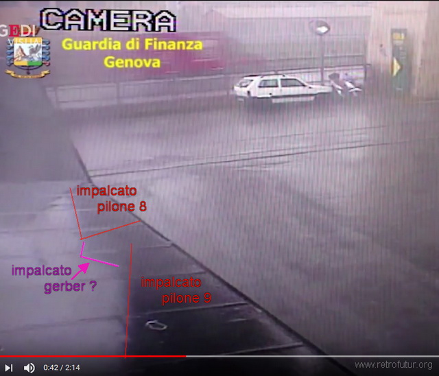03 Road deck of pylon 9 detaches. Deck of pylon 8 remains in place. Gerber element in-between could be possibly visible (pink outline) (92.18 KByte) Analysis of collapse dynamics: The Mirror Cinema : 03 Road deck of pylon 9 detaches. Deck of pylon 8 remains in place. Gerber element in-between could be possibly visible (pink outline)