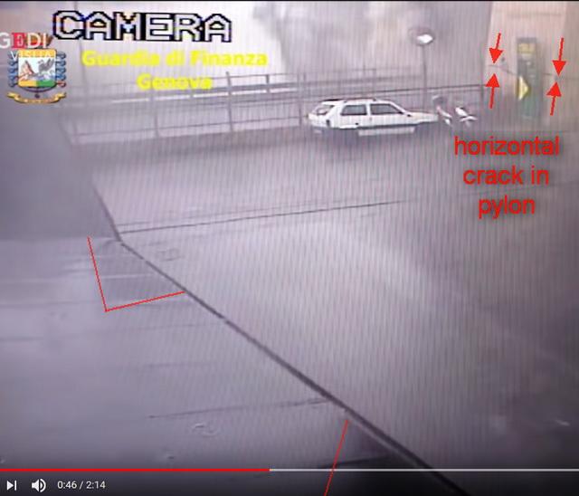 13a A horizontal crack appears in the lower base of the visible pylon leg. It will slightly tilt towards north. More debris falls on the left (36.62 KByte) Analysis of collapse dynamics: The Mirror Cinema : 13a A horizontal crack appears in the lower base of the visible pylon leg. It will slightly tilt towards north. More debris falls on the left