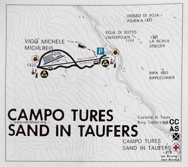 Sand in Taufers (BZ) / Korblifte Milchreis und Speikboden : 1964: Die erste Sektion Korblift Sand in Taufers (950m) zur Milchreisalm (1420m) ist fertig, der Skiebtrieb kann starten!